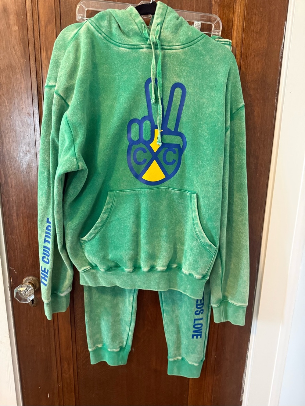 Cross Colours Tracksuit Set Green Acid Wash Hoodie Joggers Medium Unisex
